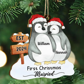 Gift For Couples - First Christmas Married Penguin Couple - Personalized Custom Shaped Wooden Ornament