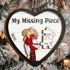 Gift For Couples - The Year I Found My Missing Piece Kissing Couples Heart Shape - Personalized 2-Layered Wooden Ornament