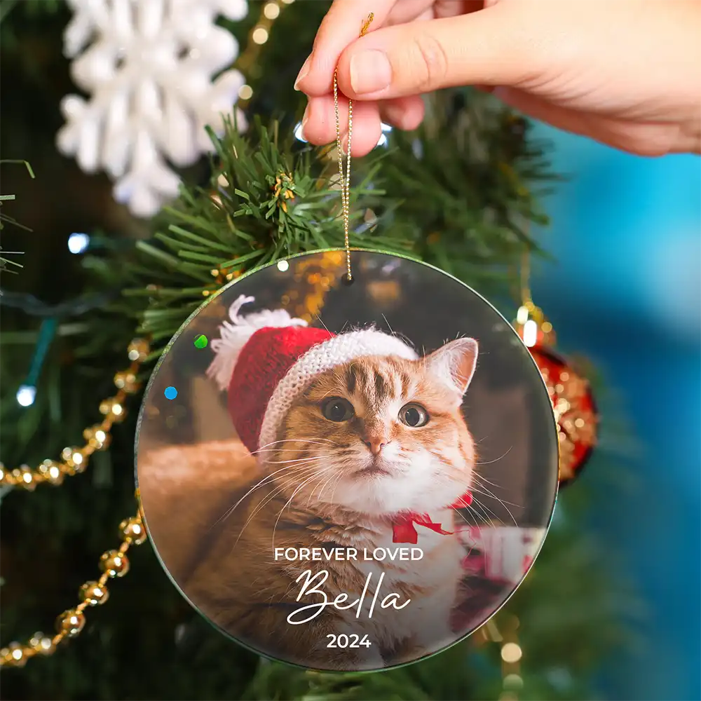 Memorial, Pet Lovers - Custom Photo Forever Loved Memorial Dog Cat Pet - Personalized Circle Acrylic Ornament