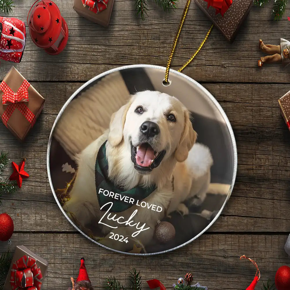 Memorial, Pet Lovers - Custom Photo Forever Loved Memorial Dog Cat Pet - Personalized Circle Acrylic Ornament