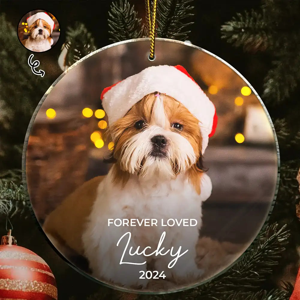 Memorial, Pet Lovers - Custom Photo Forever Loved Memorial Dog Cat Pet - Personalized Circle Acrylic Ornament