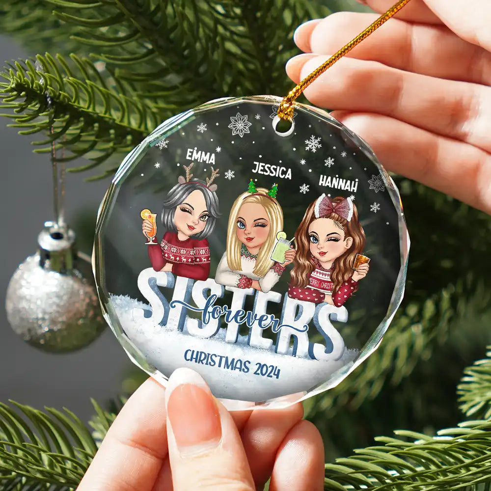 Gift For Bestie, Gifts For Colleagues - Besties Forever Christmas Sisters - Personalized Circle Glass Ornament