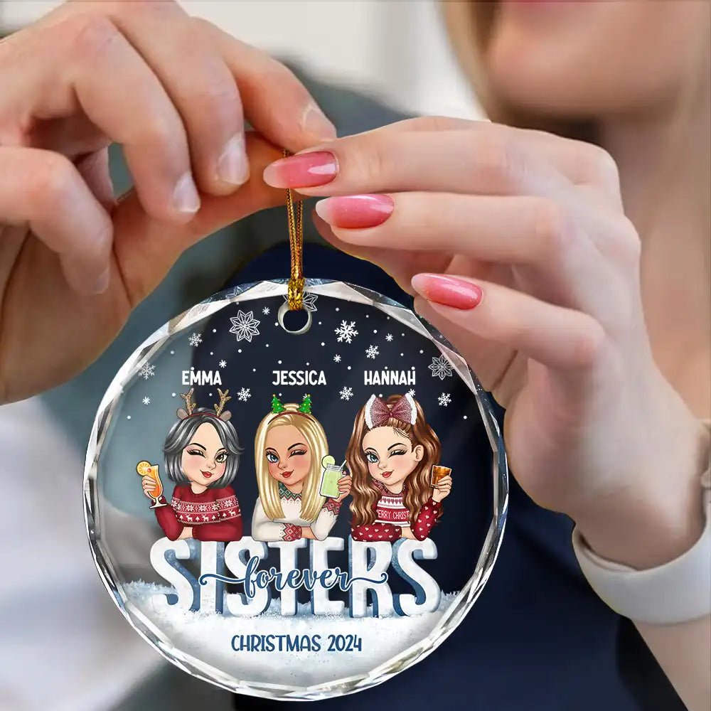 Gift For Bestie, Gifts For Colleagues - Besties Forever Christmas Sisters - Personalized Circle Glass Ornament