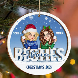 Gift For Bestie, Gifts For Colleagues - Besties Forever Christmas Sisters - Personalized 2-Layered Wooden Ornament