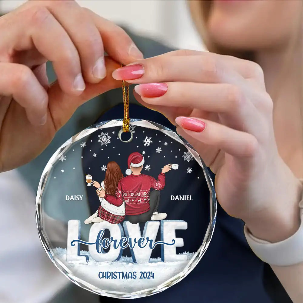 Christmas,Love,Gift For Couples,Gift For Husband,Gift For Wife,Anniversary,Wedding - Love Forever Christmas Couple - Personalized Circle Glass Ornament