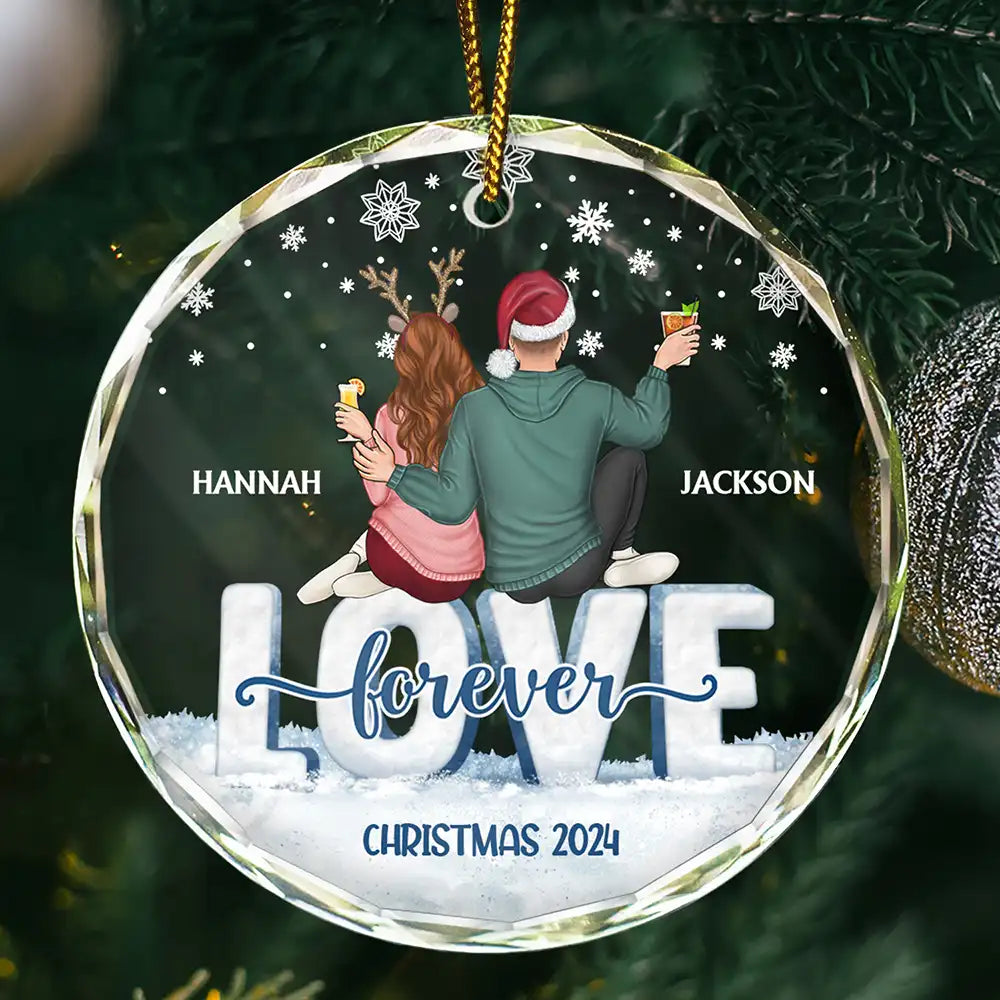 Christmas,Love,Gift For Couples,Gift For Husband,Gift For Wife,Anniversary,Wedding - Love Forever Christmas Couple - Personalized Circle Glass Ornament