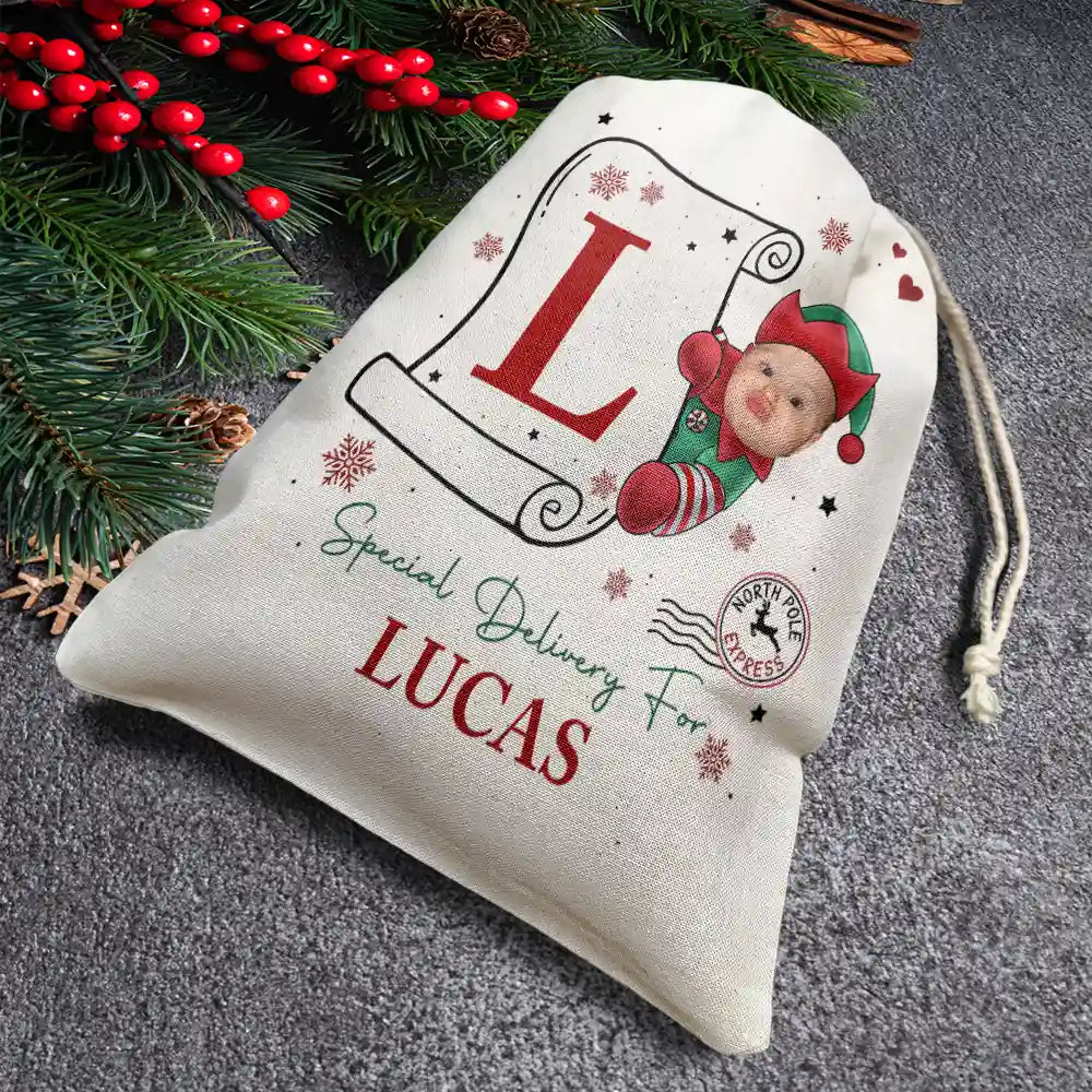 Christmas,Happy,Continue Shopping,Gift For Kids,Gift For Son,Gift For Daughter - Custom Photo Special Delivery For Baby Santa - Personalized Favor Bag