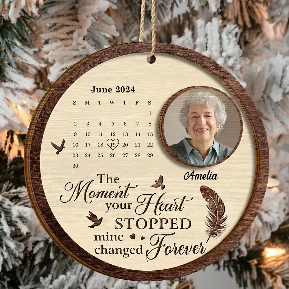 Memorial, Family, Gift For Sibling - Custom Photo The Moment Your Heart Stopped Memorial Calendar - Personalized 2-Layered Wooden Ornament