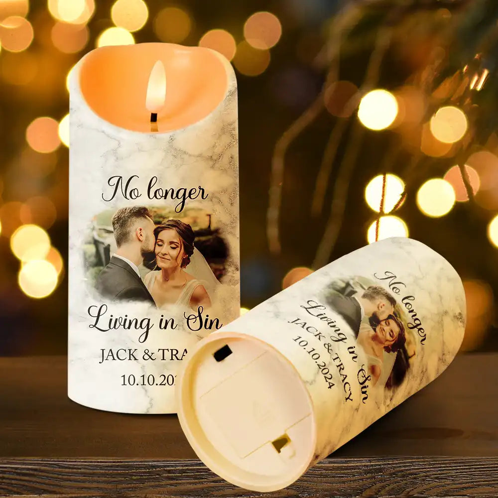 Custom Photo No Longer Living In Sin Wedding Couples - Personalized Flameless LED Candle