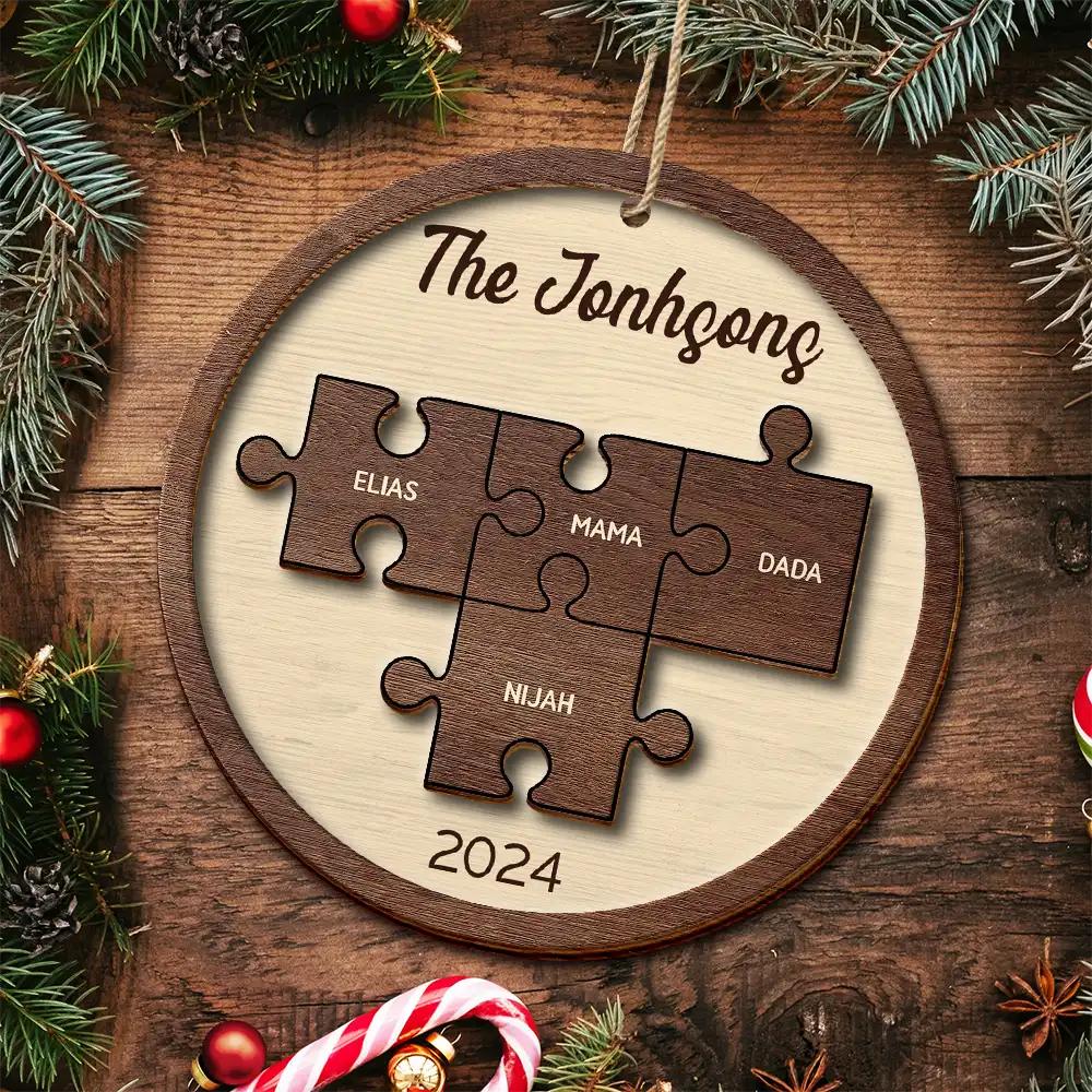 Christmas,Family,Parents,Gift For Grandparents,Happy - Pieces Of Family Christmas - Personalized 2-Layered Wooden Ornament