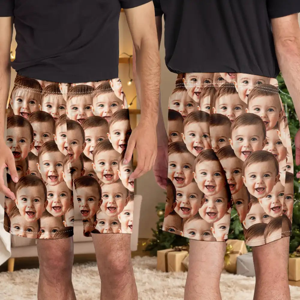 Gift For Father, Gift For Mother, New baby, Funny, Gift For Grandparents - Custom Photo Funny Face Pattern Dog Cat Family - Personalized Pajama Shorts
