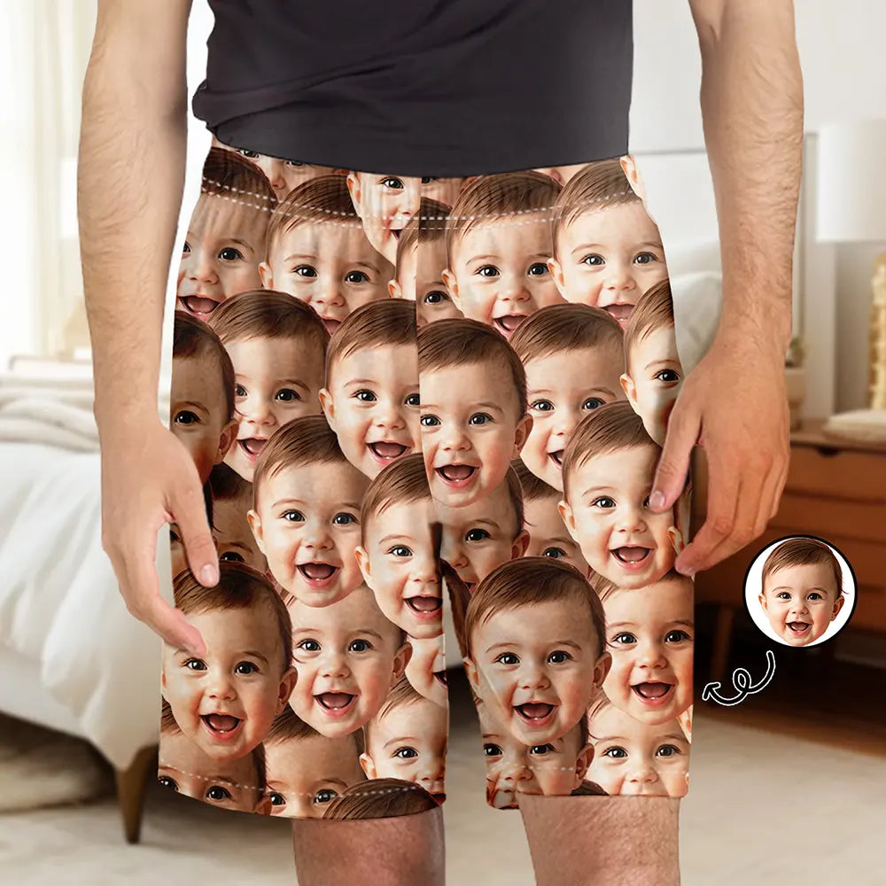 Gift For Father, Gift For Mother, New baby, Funny, Gift For Grandparents - Custom Photo Funny Face Pattern Dog Cat Family - Personalized Pajama Shorts
