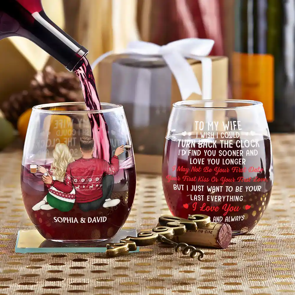 Gift For Couples, Gift For Husband, Gift For Wife, Gift For Boyfriend, Gift For Girlfriend - I Wish I Could Turn Back The Clock Anniversary Couple - Personalized Stemless Wine Glass