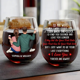 Gift For Couples, Gift For Husband, Gift For Wife, Gift For Boyfriend, Gift For Girlfriend - I Wish I Could Turn Back The Clock Anniversary Couple - Personalized Stemless Wine Glass