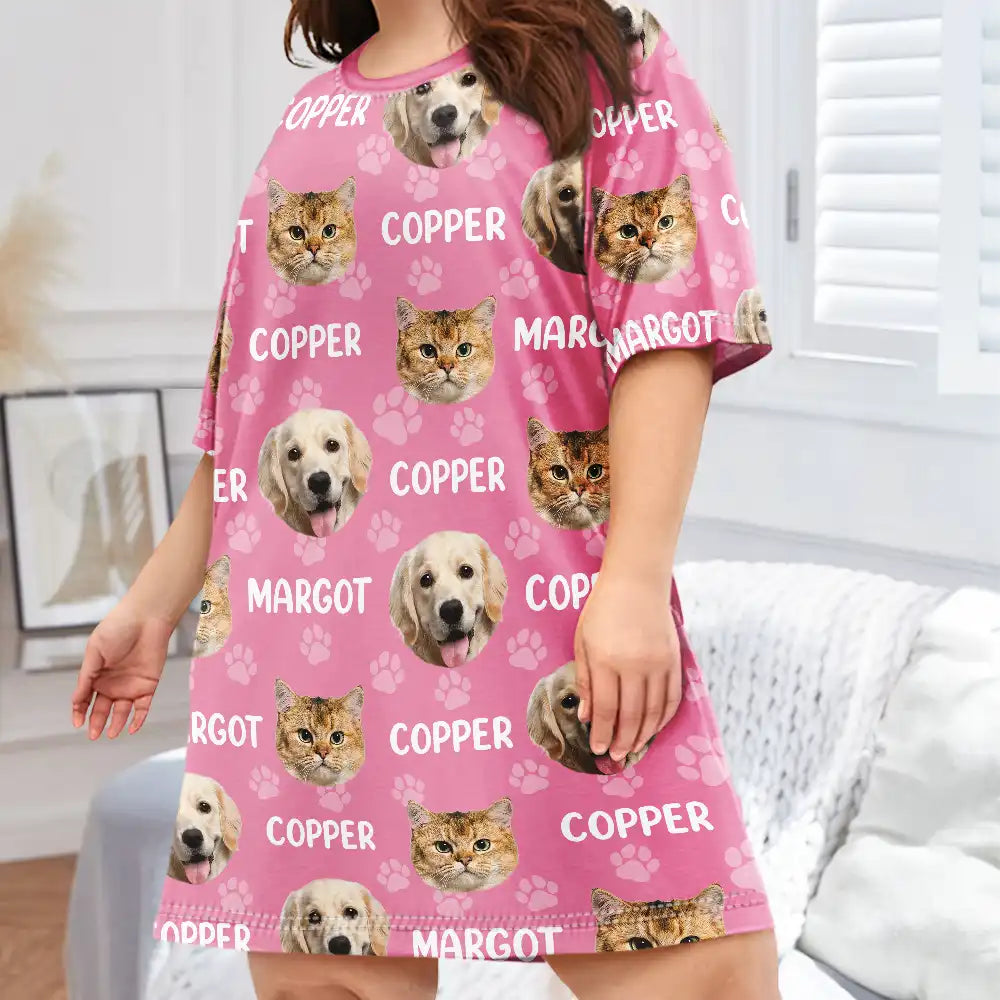 Dog Lovers,Pet Lovers,Cat Lovers,Happy - Custom Photo Funny Pet Face Pattern Dog Cat Family - Personalized Women's Sleep Tee