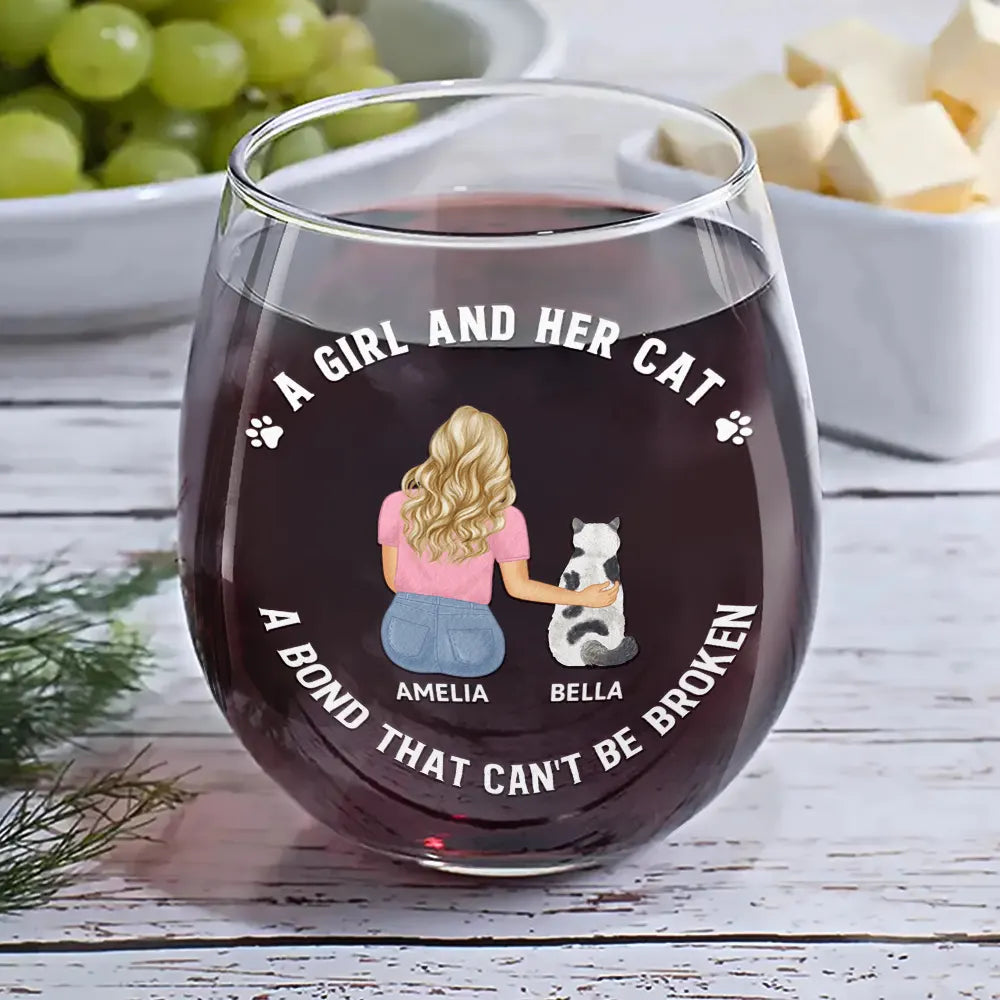 Cat Lovers, Cat Mom, Pet Lovers, Cat Dad - A Bond That Can't Be Broken Cat Mom Cat Dad - Personalized Stemless Wine Glass