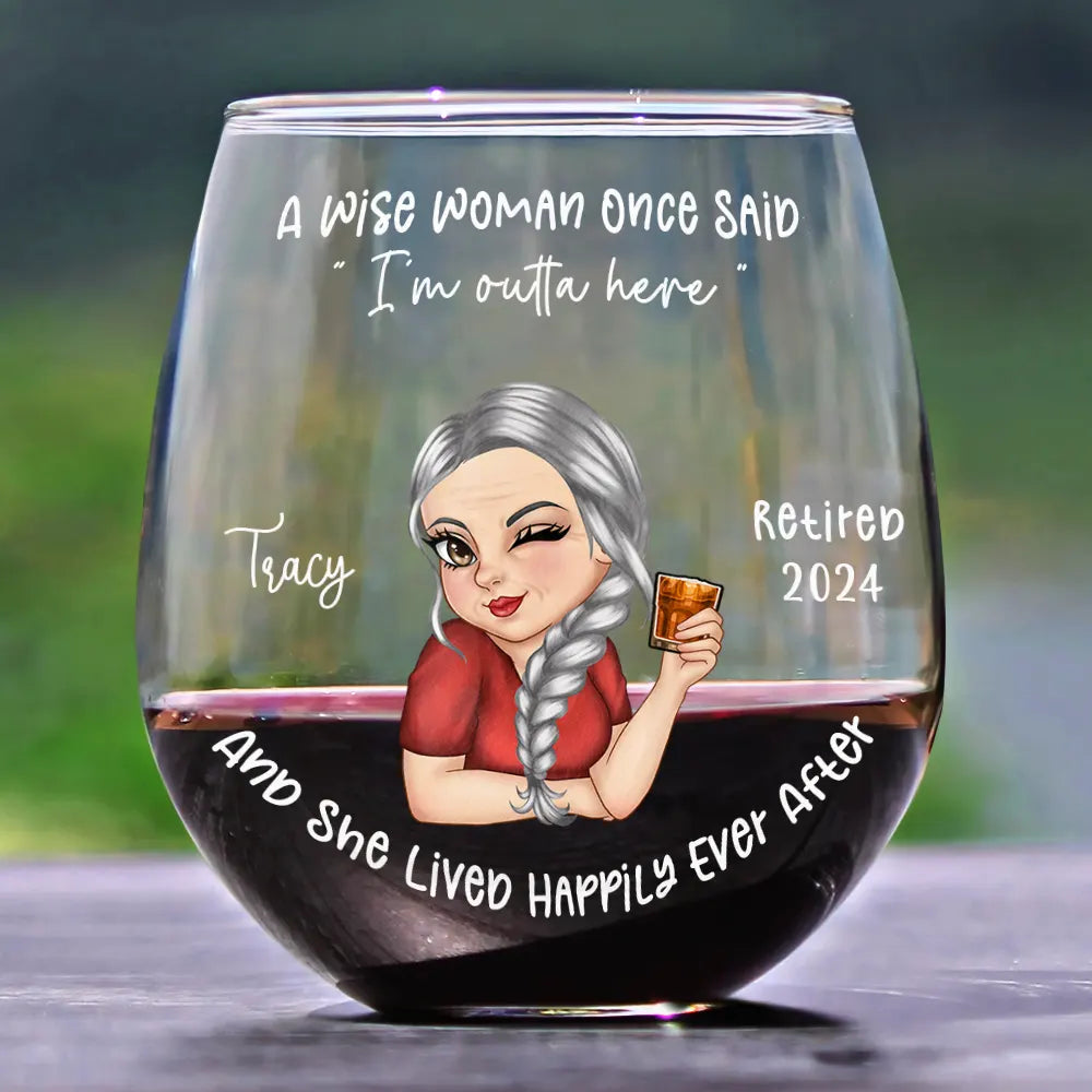 Retirement,Gift For Women,Happy - Retired Turban Woman And She Lived Happily Ever After - Personalized Stemless Wine Glass