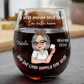 Retirement,Gift For Women,Happy - Retired Turban Woman And She Lived Happily Ever After - Personalized Stemless Wine Glass