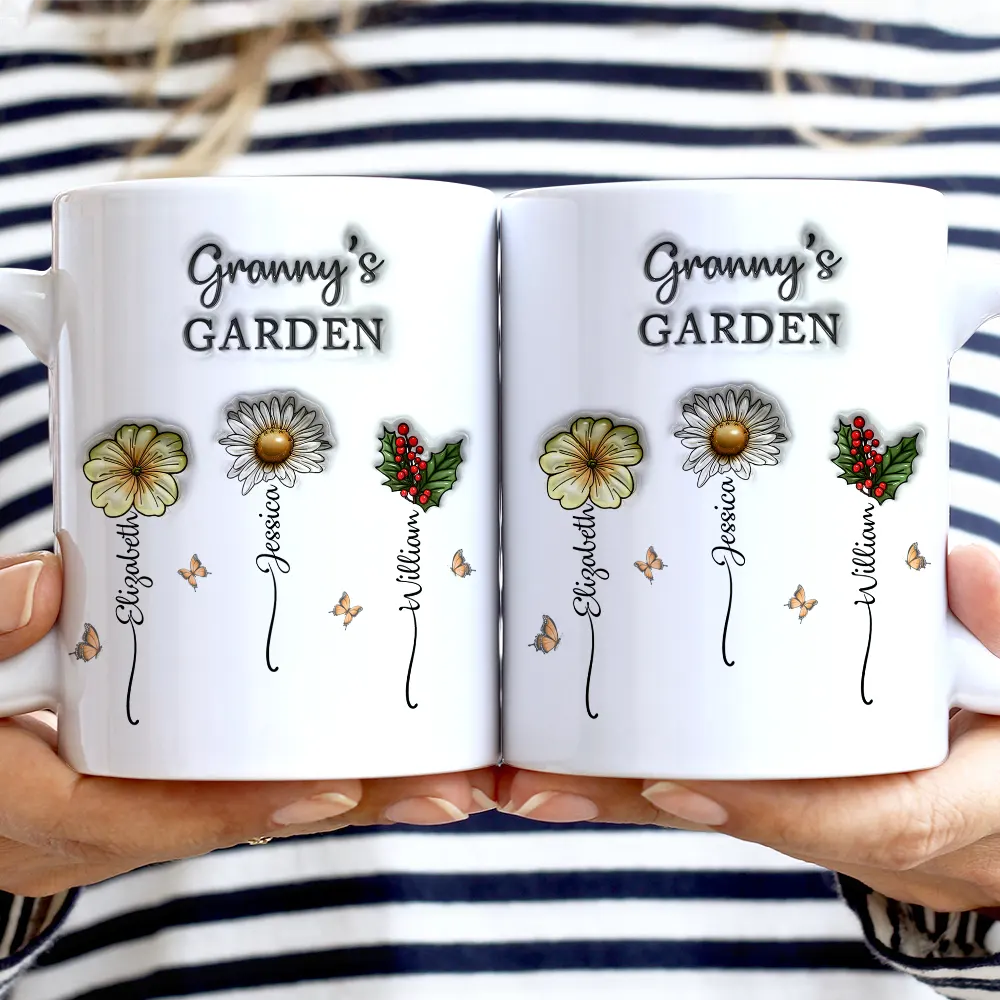 Gift For Mother, Gift For Grandma, Gift For Women, Gift For Yourself, Gift For Wife - Grandma's Garden Birth Flowers - 3D Inflated Effect Printed Mug, Personalized White Edge-to-Edge Mug