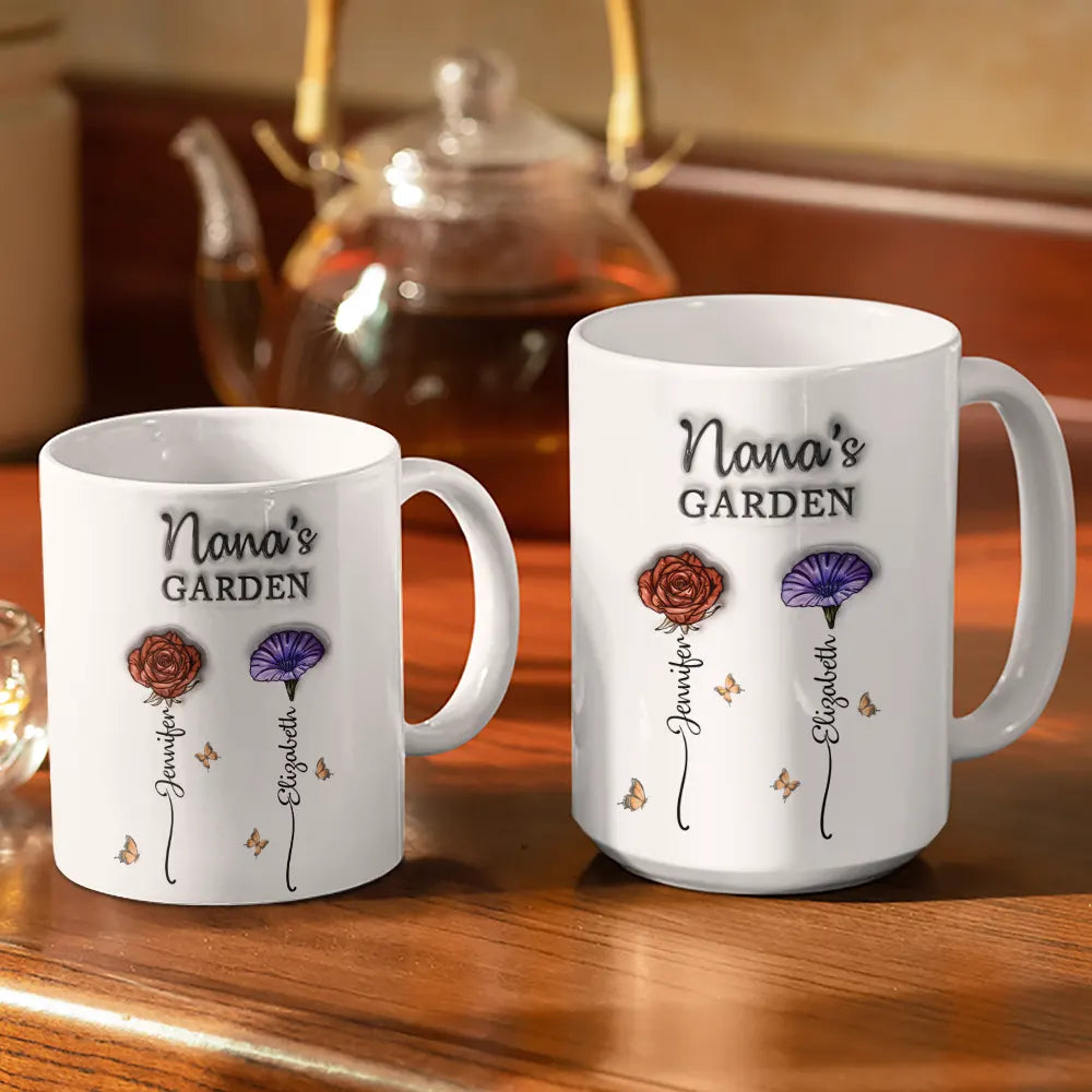 Gift For Mother, Gift For Grandma, Gift For Women, Gift For Yourself, Gift For Wife - Grandma's Garden Birth Flowers - 3D Inflated Effect Printed Mug, Personalized White Edge-to-Edge Mug