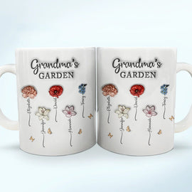 Gift For Mother, Gift For Grandma, Gift For Women, Gift For Yourself, Gift For Wife - Grandma's Garden Birth Flowers - 3D Inflated Effect Printed Mug, Personalized White Edge-to-Edge Mug