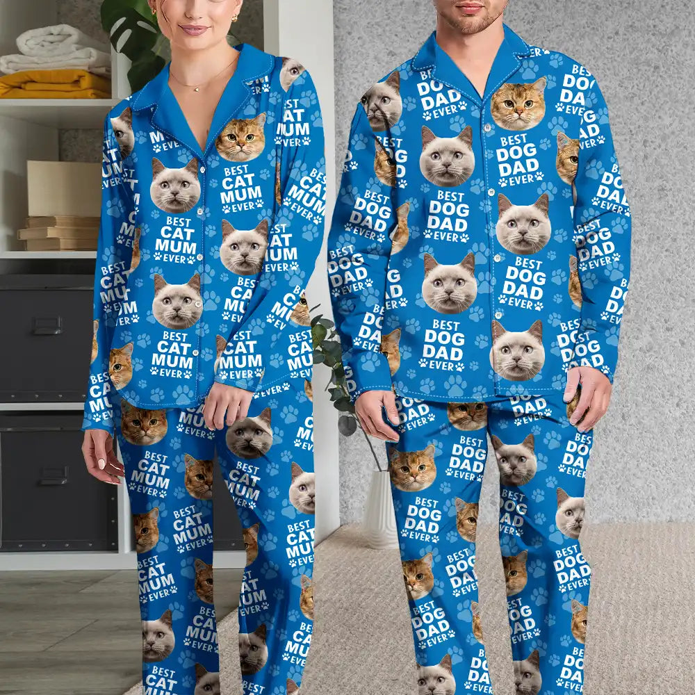 Pet Lovers,Pet Mom,Pet Dad,Dog Lovers,Cat Lovers,Cat Mom,Cat Dad - Custom Photo Best Dog Dad Ever Funny Pattern Family - Personalized Long Pajamas Set
