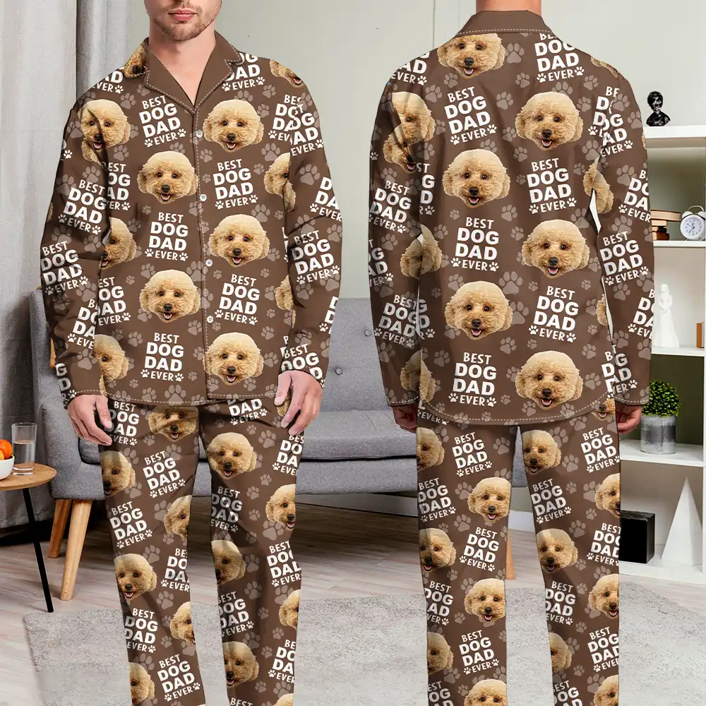 Pet Lovers,Pet Mom,Pet Dad,Dog Lovers,Cat Lovers,Cat Mom,Cat Dad - Custom Photo Best Dog Dad Ever Funny Pattern Family - Personalized Long Pajamas Set
