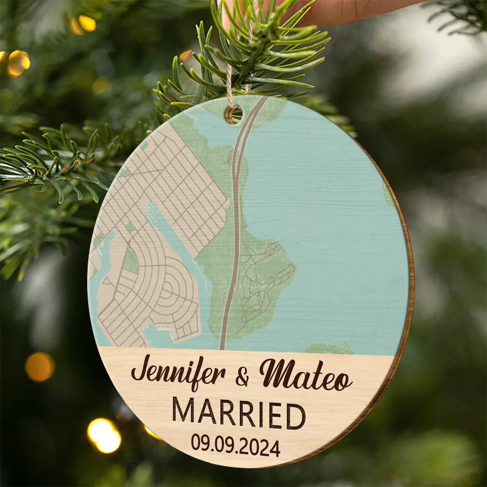 Custom Photo Location Map Married Engaged Couples - Personalized Wooden Ornament Print 2 Sides