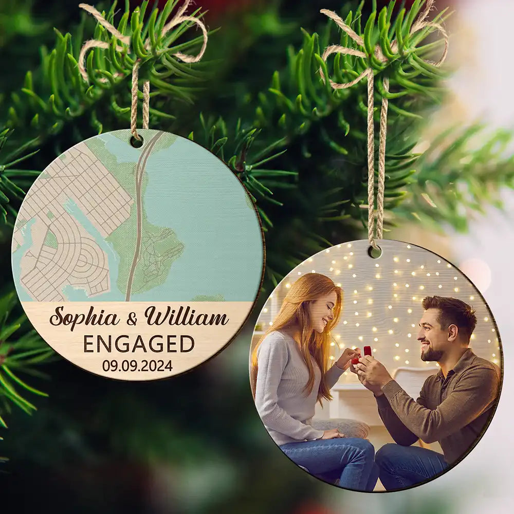 Custom Photo Location Map Married Engaged Couples - Personalized Wooden Ornament Print 2 Sides