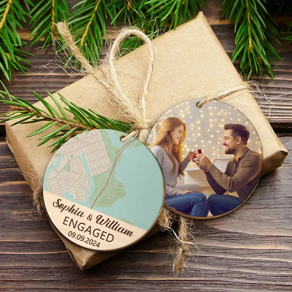 Custom Photo Location Map Married Engaged Couples - Personalized Wooden Ornament Print 2 Sides