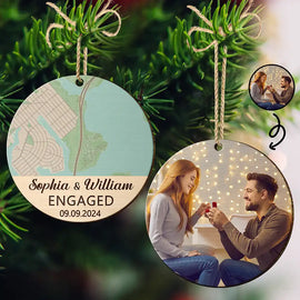 Custom Photo Location Map Married Engaged Couples - Personalized Wooden Ornament Print 2 Sides