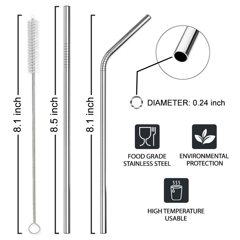 Combo 2 Straws and 1 Cleaner Brush - Reusable Drinking Straws - Straight and Curved Straws with Cleaner Brush Set - Stainless Steel Metal Straw For 20 Ounce Tumbler, 30 Ounce Tumbler, Mugs, Cups